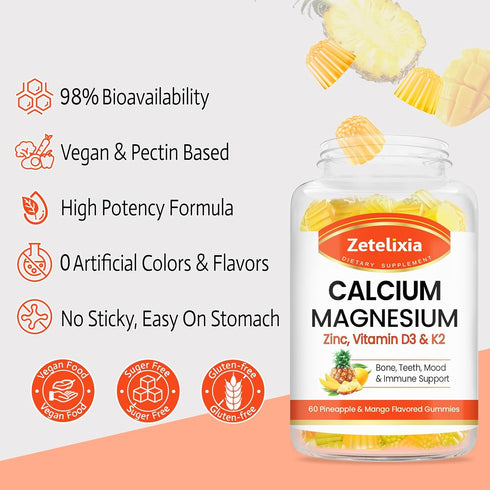 Sugar Free Calcium Gummies for Women Men, Calcium Magnesium Zinc with Vitamin D3 & K2, Calcium Magnesium Supplement for Bones Muscles and Joints, ...