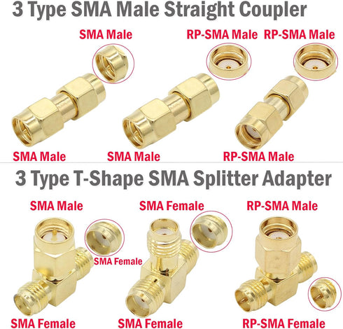 SMA Adapter Kit, 18pcs, Gold Plated, Compatible with FPV Antennas, Ham Radio, WiFi Router, etc....