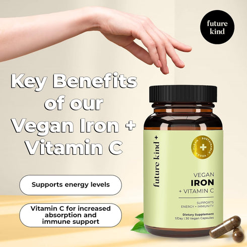 Future Kind Vegan Iron Supplement with Vitamin C (30 Iron Capsules) in Glass Bottle - Iron Supplements for Men and Women - Vegan Supplement Iron w...