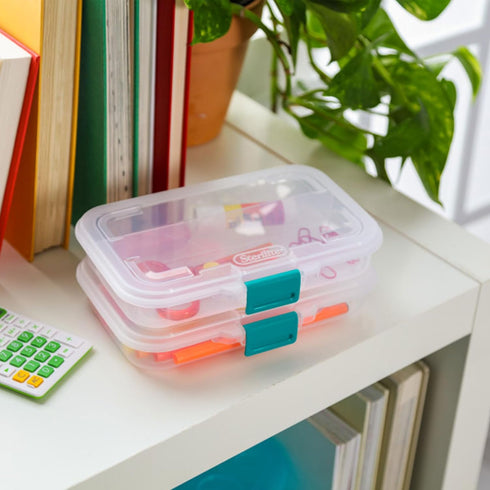 Sterilite Small Divided Pencil Box, Stackable Plastic Small Storage Container with Latching Lid, Organize Pens and Small Items, Clear Case, 12 Pac...
