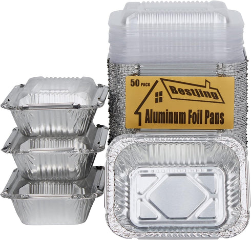 50 Pack Small 8 OZ/230ML Capacity Disposable Takeout Foil Pans with Clear Plastic Lids - Aluminum Foil Food Containers with Strong Seal for Cateri...