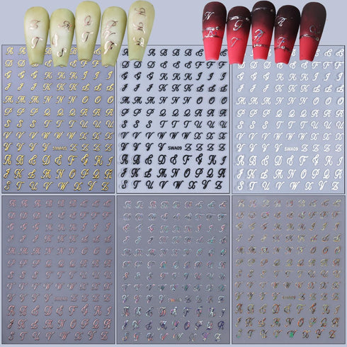 6 Sheets English Letters Nail Stickers for Nail Art Supplies 3D Self-Adhesive Gold White Laser Black Retro Letters Design Nail Art Stickers Alphab...