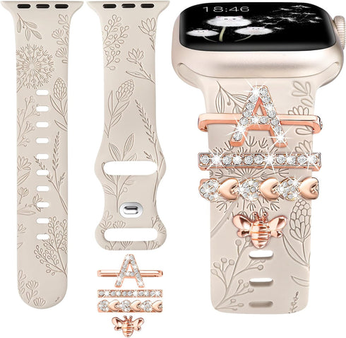 Minyee Compatible with Apple Watch Band with Charms Women 41mm 40mm 38mm 42mm 44mm 45mm 49mm Decorative Ring Loops Floral Engraved Silicone Strap ...
