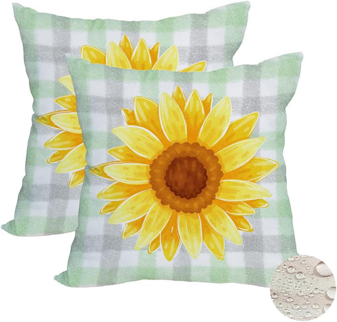 2 Pack Waterproof Sunflower Pillow Covers 16x16 Inch Green Buffalo Plaid Yellow Floral Throw Pillow Cases Spring Summer Holiday Farmhouse Decorati...