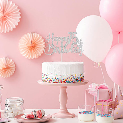 Silver Glitter Happy 75th Birthday Cake Topper - 75th Birthday Cake Topper, 75th Birthday Party Decoration...