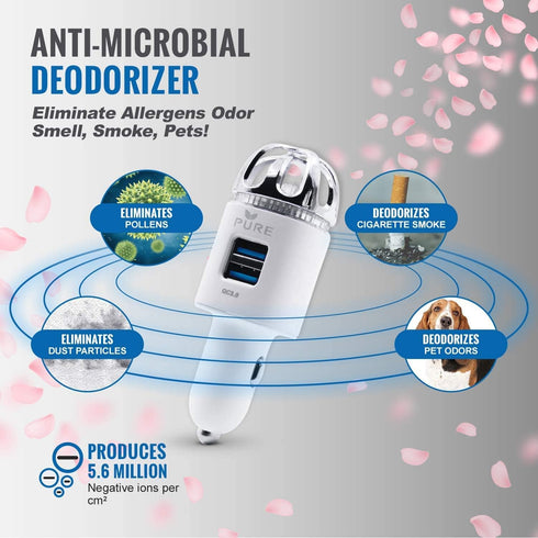 Car Air Purifier 3in1 Premium Stainless Steel HEPA Filter Ionizer w/Dual USB Quick Charge 3.0 USB-Eliminate Allergens Odor Smell, Smoke, Pets, Pol...