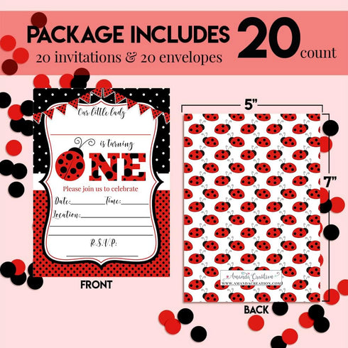 Red Ladybug First Birthday Party Invitations for Girls, 20 5x7 Fill In Cards with Twenty White Envelopes by AmandaCreation...