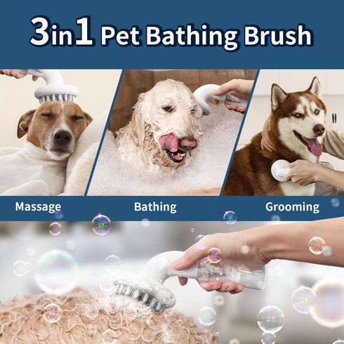 Dog Bath Brush 3 in1 Dog Shampoo Brush Soft Silicone Dog Brush for Pet Grooming Washing Soap Brush 36 Clean brush head for Short and Long Haired D...