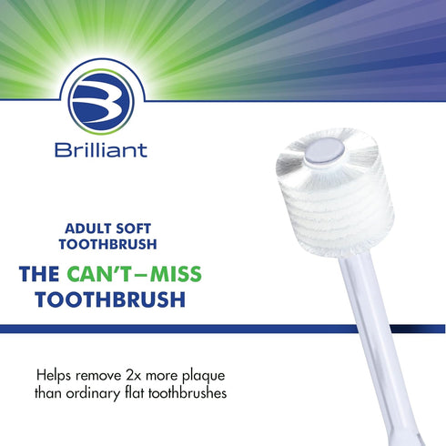Brilliant Oral Care Adult Toothbrush with Soft Bristles, Round Head, and All-Around Clean for Teeth and Gums, Clear, 3 Pack...