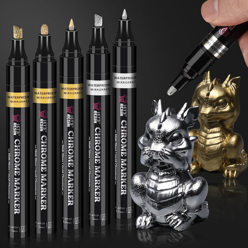 LET'S RESIN 6Pcs Mirror Chrome Markers,3 Sizes Shiny Chrome Paint Pen with Large Barrel, Quick Dry Oil-based Silver & Gold Markers for Metal, Resi...
