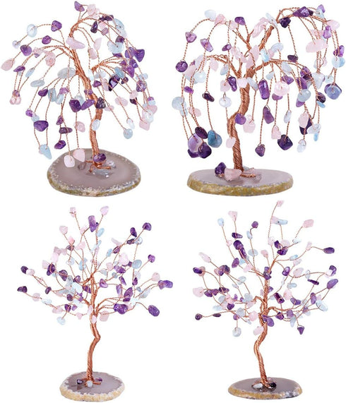 SUNYIK Handmade Amethyst/Rose Quartz/Aquamarine Crystal Money Tree Set on Natural Agate Slice Base, Tree of Life Healing Crystals Chip Stone Bonsa...