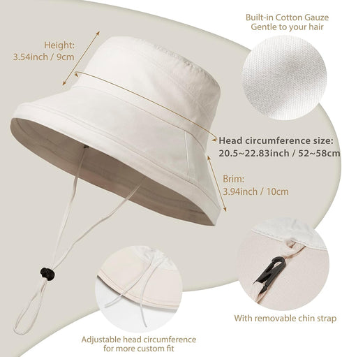 100% Cotton Women Sun Hats Wide Brim Gardening Bucket Hat Travel Sun Protection Packable Womens Beach Cap -Fold-UP Brim...