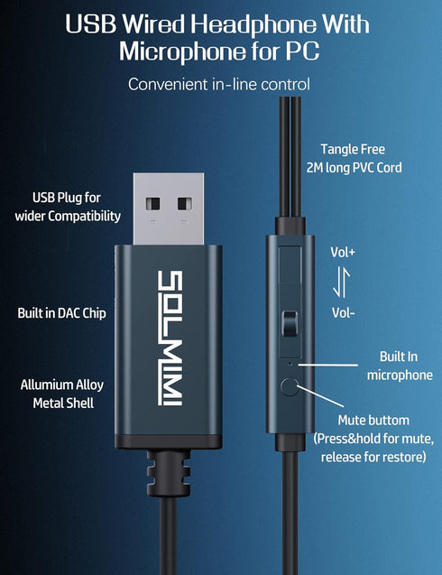 USB Earbuds with Microphone for PC Laptop, 2M/6.5ft USB Headset with Microphone for PC, USB Headphones for Computer Laptop PC PS4 PS5 Notebook Des...