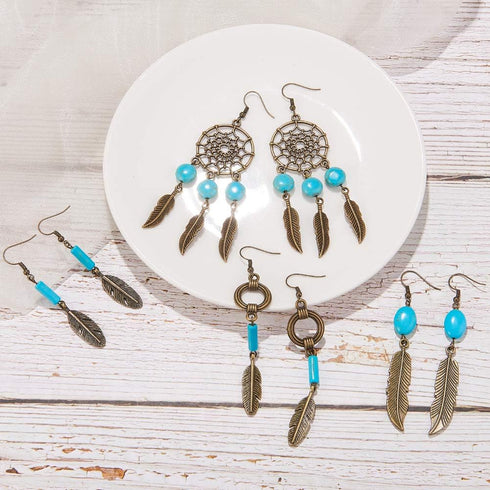 SUNNYCLUE 1 Box DIY 8 Pairs Bohemian Feather Dream Catcher Earring Making Kit Antique Bronze Feather Charm Connector, Turquoise Gemstone Beads, Ea...