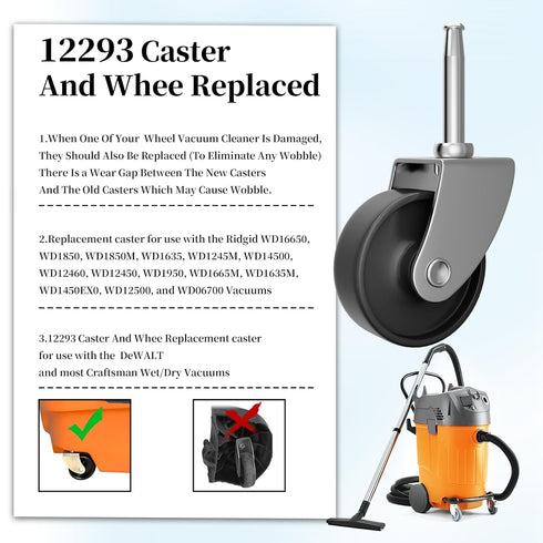 12293 Vacuum Caster Compatible with for Ridgid Wet/Dry Vac RV1250 RT1200 1650RV 1610RV RT1600,for Ridgid DeWALT Craftsman Caster 2" Vacuum Replace...