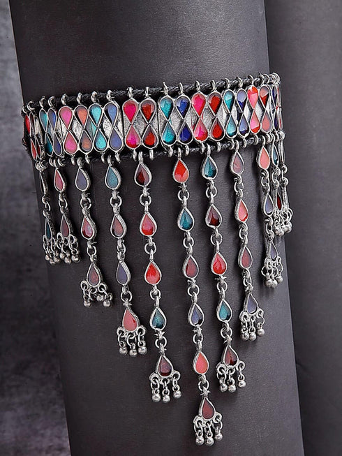 Indian Antique Silver Oxidized Fashion Bollywood Ethnic Mirror Boho Gypsy Banjara Tribal Statement Choker Thread Necklace Jewelry...