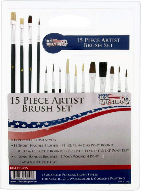 U.S. Art Supply 15 Piece Multi-Purpose Artist Paint Brush Set - Pony Round and Flat Bristles for Painting Portraits, Canvas, Paper, Wood - Waterco...