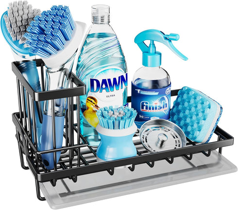 Consumest Sink Caddy-Kitchen Sponge Holder + Dish Brush Holder for Kitchen Sink, Sink Organizer with Drip Tray for Countertop Stainless Steel Rust...