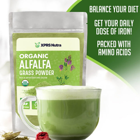 XPRS Nutra Organic Alfalfa Powder - Premium Vegan Alfalfa Supplement Rich in Calcium, Antioxidants, Vitamins - Farmer Alfalfa Supplement for Kids ...