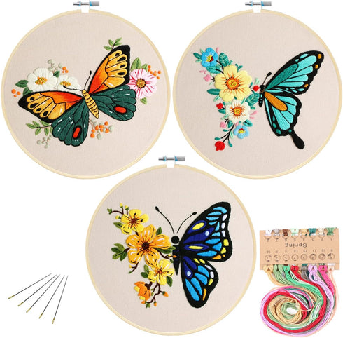 MIKIMIQI 3 Pack Embroidery Starter Kit with Pattern, Flowers Butterfly Stamped Embroidery Kit Including Embroidery Fabrics, Bamboo Hoops, Threads ...