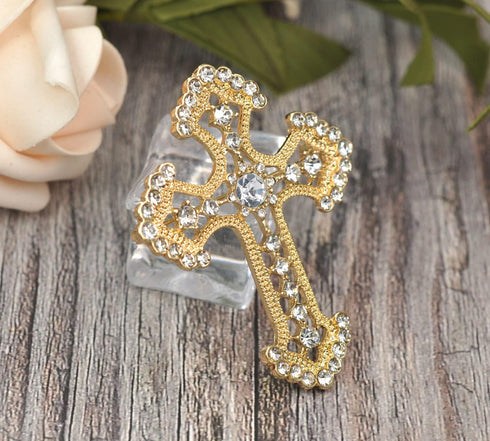 Gyn&Joy Golden Tone Clear Crystal Rhinestones Holy Cross Brooch Pin...
