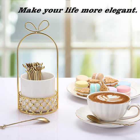 ELLDOO Coffee Spoon Set, White Ceramic Holder with 8 Stainless Steel Gold Leaf Coffee Spoons, Creative Flatware Set for Stirring, Mixing, Sugar, I...