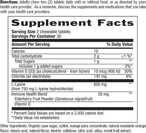 Country Life Chewable L-Lysine Supplement with Vitamin D and Elderberry, Immune Support and Collagen Renewal for Skin Tissue, Ideal for Adults...