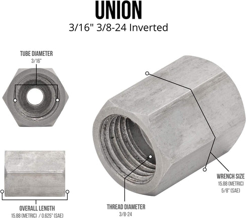 4LIFETIMELINES Stainless Steel Brake Line Union, 3/16 (3/8-24 Inverted), Bag of 10...
