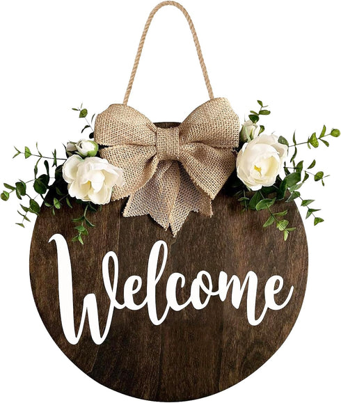 MayAvenue Welcome Wreaths Decor Sign Front Door, Round Wood Hanging Sign with Ribbon Bow and Artificial Green Leaves, Farmhouse Porch Decorations ...