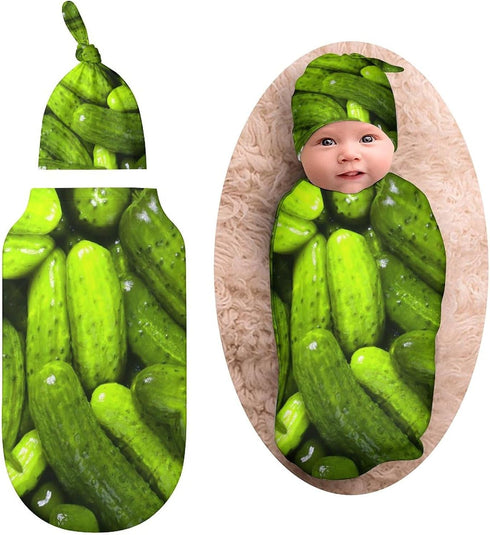 3D Funny Realistic Food Green Pickles Cucumbers Newborn Baby Swaddle Blanket with Beanie Hat Baby Receiving Blanket Soft Baby Sleep Sack Baby Wrap...