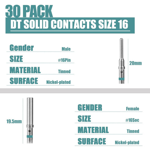 MUYI 30 Pairs DT Connector Terminals Kit, Size 16 Solid Barrel Common Contacts Male Pins & Female Sockets for Wire Harness 20-14AWG...
