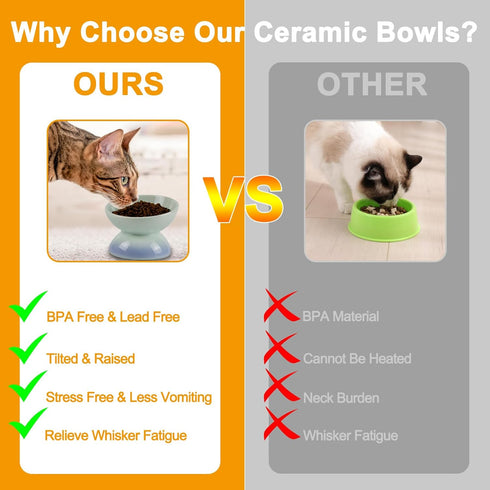 Ceramic Raised Cat Bowls, Tilted Elevated Food or Water Bowl for Cats and Small Dogs, Stress Free Whisker Friendly Porcelain Pet Bowl Dish, Dishwa...