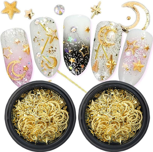 2 Box Gold Star Moon Nail Charms Nails Art Studs 3D Metallic Star Moon Nails Studs Rhinestones Star Nail Jewelry Decoration Supplies Kit for Women...