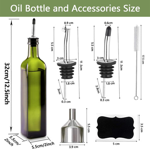 Glass Olive Oil Dispenser, Green Oil and Vinegar Cruet Bottle 17 oz/500 ml, Square Tall Glass Oil Container with 2 Stainless Steel Pourers, 2 Labe...