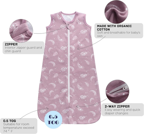 Owlivia Baby Sleep Sack Organic Cotton Sleeping Bag with 2-Way Zipper,100% Organic Cotton Wearable Blanket,Unisex Sleep Sack(Feather Mauve, 3-12 M...