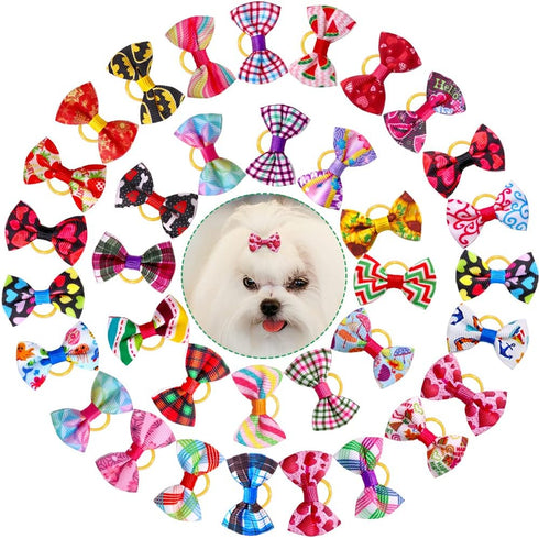 100pcs Pet Dog Bows, Bulk Dog Hair Accessories Bows with Rubber Bands 1.37x0.98 inch, Handmade Yorkie Dog Hair Grooming Small Size Bows, Mix Puppy...