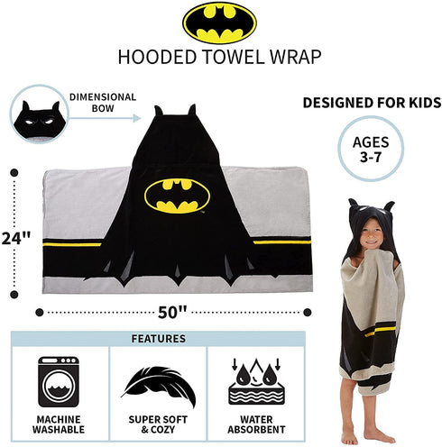 Batman Kids Soft Terry Cotton Bath / Beach / Pool Hooded Towel Wrap, 24 x 50", Black and Yellow...