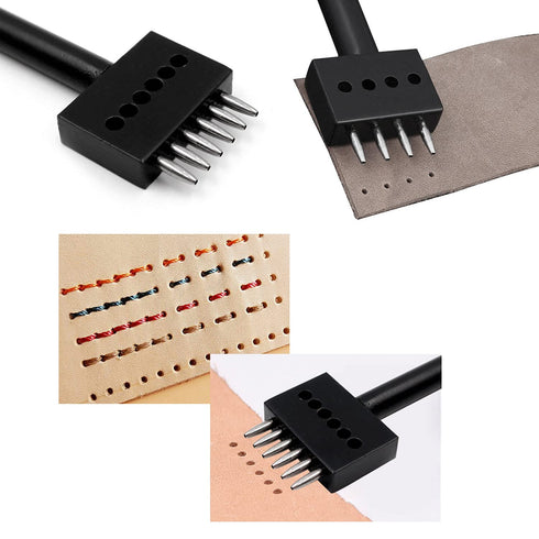 Prong Punch Tool Set, 3pcs Leather Row Round Hole Tooth Punch Tool, 2/4/6 Prong Row Hole Punch DIY Diamond Lacing Stitching Chisel Set Leather Cra...