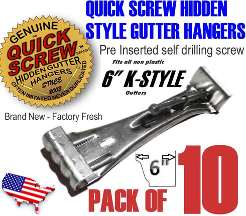 Quick Screw 6" inch Aluminum Hidden Rain Gutter Bracket Hook Clip Style Hangers with pre Inserted 3" Long ¼" hex Head self Drilling Screw (10 Per ...