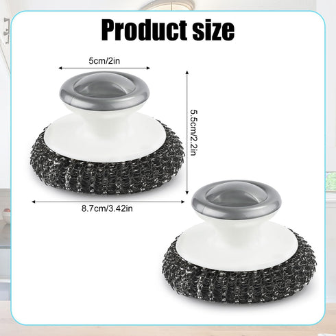 2 Pcs Steel Wool Scrubber with Handle, Heavy Duty Hand Pot Scrub Brush Stainless Steel Scouring Pad Steel Cleaning Kit, Easy to Remove Stains Kitc...