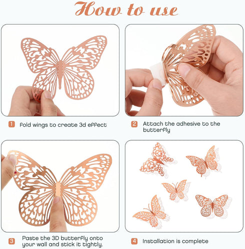 3D Gold Butterfly Wall Decor 3 Sizes 4 Styles Butterfly Party Decorations Cake Decorations Removable Stickers Wall Decor Room Mural Metallic Kids ...