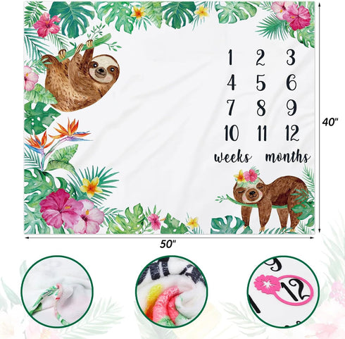 Watercolor Flowers Jungle Baby Sloth Monthly Milestone Blanket - Soft Fleece Blanket for Baby Girls - Perfect Age Photo Props and Newborn Baby Gif...