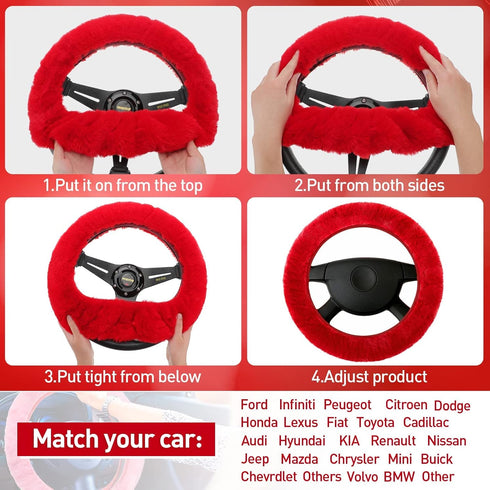 6 Pieces Fluffy Car Accessories Set Fluffy Steering Wheel Cover Soft Fuzz Handbrake Cover Gear Shift Cover Bling Car Mirror Fuzz Car Decoration 2 ...
