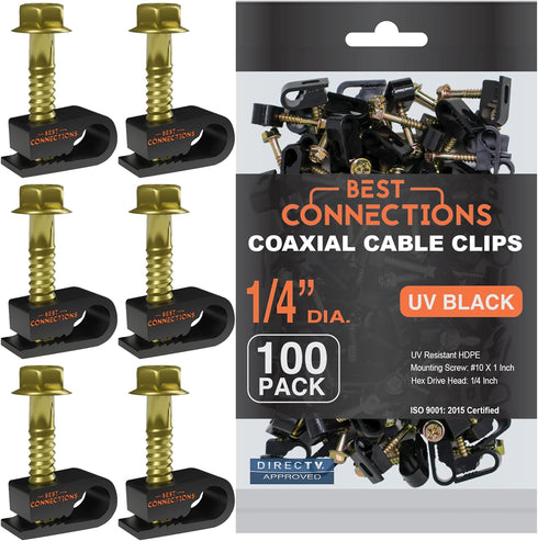 Coaxial Cable Clips with Pre-Inserted Screw (100 Pack) – Black Single Cable Mounting Clamps for Coax Cable (RG6, RG59) and Ethernet Cable – Cord F...