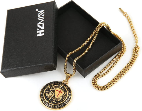 HZMAN Knights Templar Put On The Whole Armor of God Ephesians 6:13-17 Red Cross Design Stainless Steel Necklace for Men...
