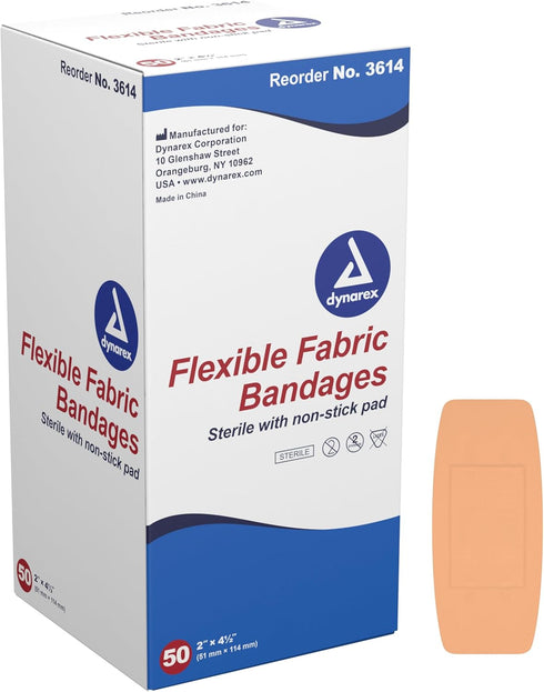 Dynarex 3614 Fabric Adhesive Bandage, Sterile & Flexible Fabric Bandage for Wounds, Non-Stick Pads, Individually-Wrapped First Aid Supplies, No La...