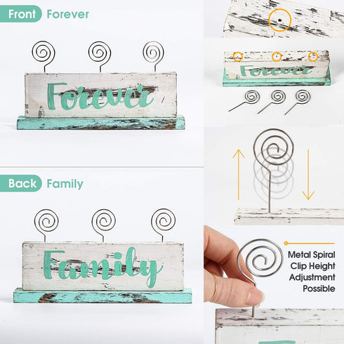 JACKCUBE DESIGN Multi-Photo Display Boho Tabletop Decor Wooden Double Side Memos, Cards, Gallery Display Block with 3 Wire Clips, Desktop Freestan...