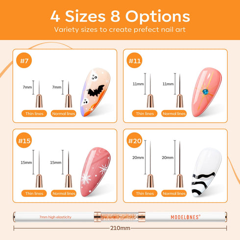 modelones Nail Art Brushes, Super Fine Thin Liner Nail Brush Set Sizes 7/11/15/20mm for Nail Gel Polish Painting Designs with Acrylic Rhinestone H...
