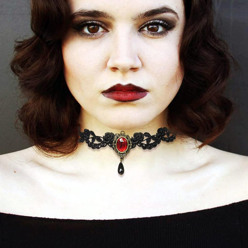 Gothic Black Choker Lace Necklace Royal Court Vampire Choker Necklace with Red Rhinestone and Black Teardrop Pendant Halloween Costume Jewelry for...