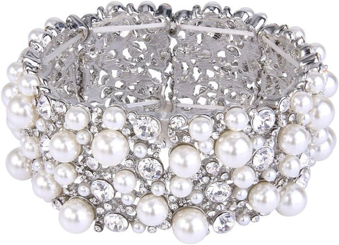 EVER FAITH Women's Crystal Simulated Pearl Stunning Bridal Wedding Hollow Elastic Stretch Bracelet...